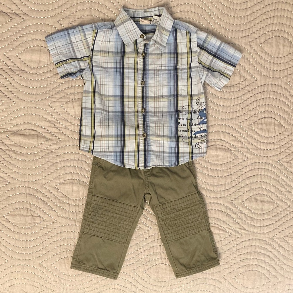 Tea: Boys twill pants 12/18m and Faded Glory: short sleeve plaid shirt 18m.
